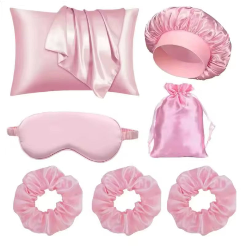 Set Housse de Coussin Satin 20x36” – Masque de Nuit + Chouchous + Bonnet Cheveux Femme Cadeau Luxe