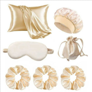 Set Housse de Coussin Satin 20x36” – Masque de Nuit + Chouchous + Bonnet Cheveux Femme Cadeau Luxe