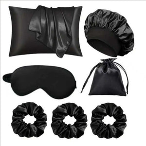 Set Housse de Coussin Satin 20x36” – Masque de Nuit + Chouchous + Bonnet Cheveux Femme Cadeau Luxe
